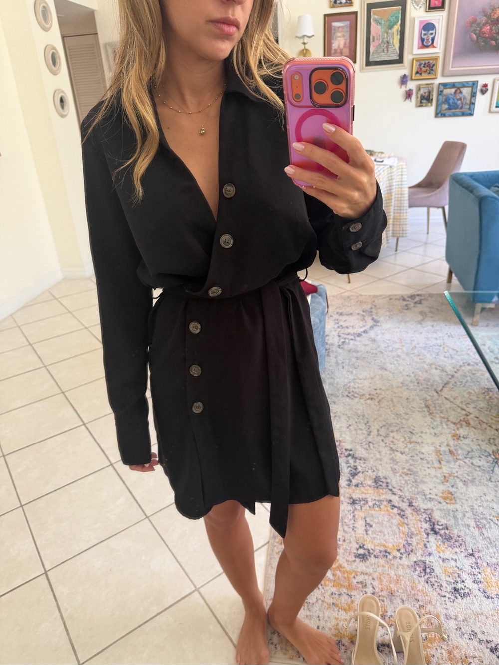 Classic Black Button-Front Shirt Dress with Waist Tie